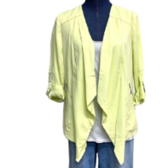 Chico’s Drape Front Jacket 3/4 Sleeve Zipper details Yellow Green Chartreuse - Picture 1 of 7